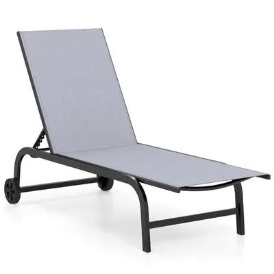 Image de Chaise longue COSTWAY, chaise longue de jardin avec dossier réglable en 6 positions, roulettes et tissu à séchage rapide, chaise longue à roulettes pouvant supporter jusqu'à 150 kg, chaise longue grise