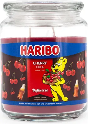 Produktbild von Haribo™ Duftkerze Cherry Cola, 2 Dochte, HxD: 13x10 cm, 100h Brenndauer, Kerze im Glas, Apfel, Beere, Kirsche, dunkelrot