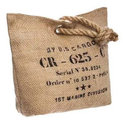 A jute bag with text printed on it, shown against a white background.