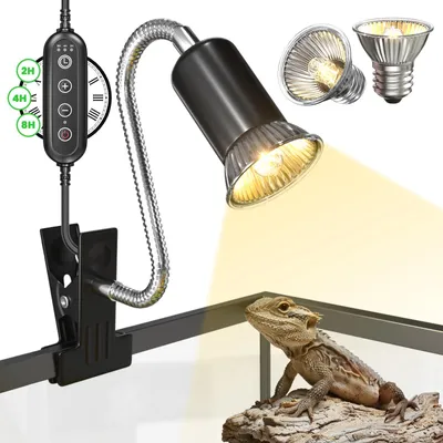 Produktbild von BrightArk Schildkröte Wärmelampe Terrarium, Reptilien WäRmelampe 50W UVA/UVB Lampe Terrarium mit Timer und Clip E27 Lampenfassung für Schildkröte Spinne Eidechse Schlange Amphibien(2 Birnen enthalten)