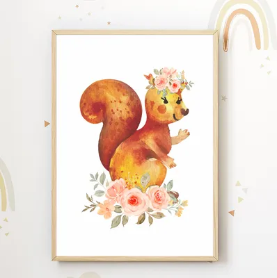 Produktbild von Eichhörnchen Blumen Bild DIN A4 Kinderzimmer Wandbild Deko Babyzimmer Poster