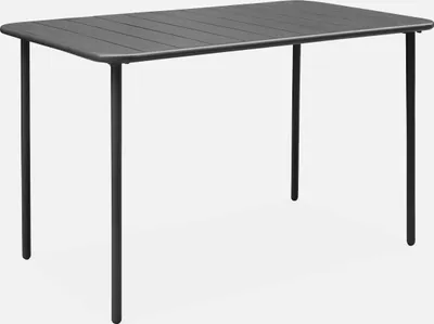 A dark grey rectangular outdoor table with four legs, shown against a white background.