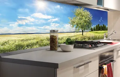 Produktbild von Küchenrückwand Folie selbstklebend BAUM AUF WIESE 180 x 60 cm - Klebefolie - Dekofolie - Spritzschutz für Küche -
