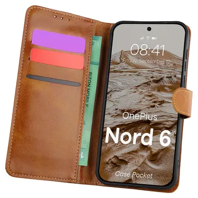 Produktbild von Handyhülle mit Klappe für OnePlus Nord 6, Bizon Case Pocket, Braun