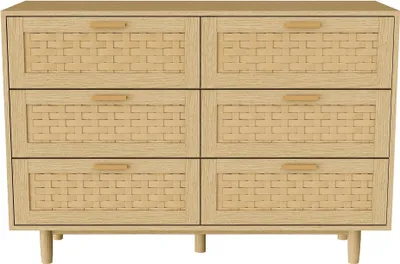 Image de Commode en bois et rotin - 6 tiroirs - Style classique - Panneaux de bois - À monter soi-même - Pour la chambre à coucher/le salon