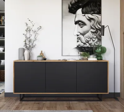 Produktbild von Loft Kommode TV Eiche Wotan TV-Sideboard Apollo Loft Style 3D Modern Lindner Möbel 168cm x 35cm x 72 cm Farbe: Wotan Eiche matt - Schwarz matt
