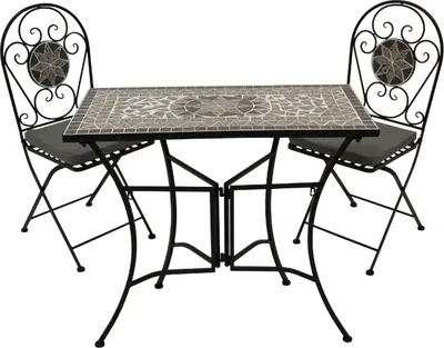 Produktbild von TPFGarden BISTROSET Derby - GartensitzGARTEN-GARNITUR 3-teilig (2x Klappstuhl, 1x Wandtisch 90x45cm rechteckig) aus schwarz pulverbeschichtetem Eisen, Tischplatte im Mosaik-Design, Sitzfläche Kreuzmuster und Rückenfläche mit Mosaik-Verzierung in grau/weiss. Lieferung inkl. Sitzpolster in grau. Materialzusammensetzung Bezüge: 100% Polyester. BxTxH: 90x139x96 cm