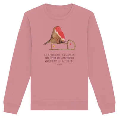 Produktbild von Mr. & Mrs. Panda Bio Baumwoll Pullover Rotkehlchen Schlitten Größe S - Canyon Pink - Geschenk, Sweater, Vogel, Sweatshirt, Weihnachten, Pulli