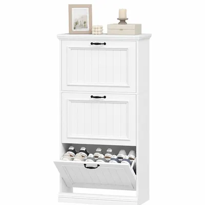 Produktbild von Schuhschrank Schmal mit 3 Klappen, Klassischer Stil, 16-18 Paar | Schuhkommode mit Holzoptik, Schmaler Schuhregal, Trennwand Verstellbar,für Flur