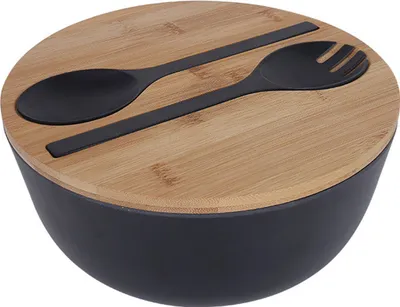 Obrázek produktu pro Sada misek na salát z bambusových vláken s příbory - Velké 25 cm mísy z masivního bambusového dřeva s bambusovým víkem a lžící na ovoce, saláty a dekorace