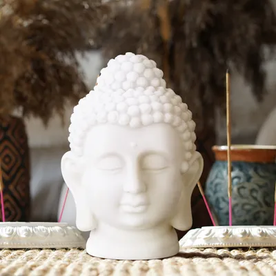 Produktbild von 4 x Buddha Kopf, Kunststoff, Buddha-Figur, HBT: 17x12x10 cm, Zen-Deko für Wohnzimmer & Bad, Feng Shui Deko, weiß