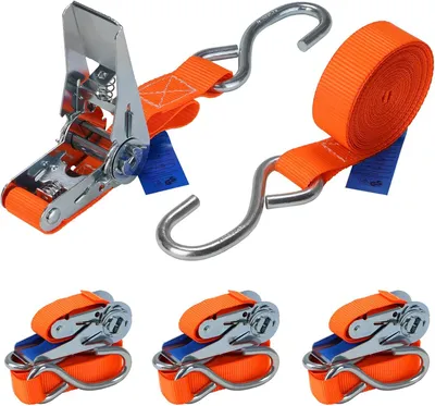 Imagen del producto de Juego de correas de sujeción con tensor y gancho en forma de S, capacidad de carga de 700 kg, dimensiones 2,5 cm x 4 m o 6 m, ideal para transporte y camping