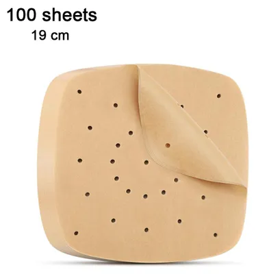 Produktbild von 100 Stück Frittierpapier aus Zellstoff, perforiertes Dampfgarpapier und Brötchenpapier für Heißluftfritteuse und Dampfgarer, Ölbindepapier, 19 x 19 cm und 21,6 x 21,6 cm, weiß/braun