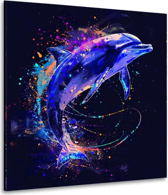 Produktbild von Pop Art Delfin leuchtend Leinwandbild Wandbild Kunstdruck XL Wanddeko: 100x100x4cm
