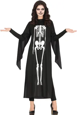 Immagine prodotto di Scheletro Robe Notte Oscura Halloween Costume Creepy Skull Outfit Morbid Elegance Masquerade Scary Accessory Ghostly Appearance Skull Look, Taglia: 42 - 44 (L) Colore: Nero