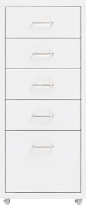 A white filing cabinet with five drawers and silver handles, shown from the front on a white background. The cabinet has small wheels at the bottom.