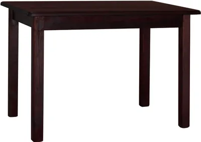 A dark brown wooden table with four legs, shown from the front.