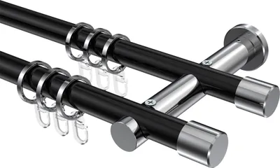 Produktbild von Interdeco Gardinenstange / Vorhangstange Schwarz / Chrom, Typ Platon Santo (Kappe), 20 mm Ø 2-läufig, 260 cm