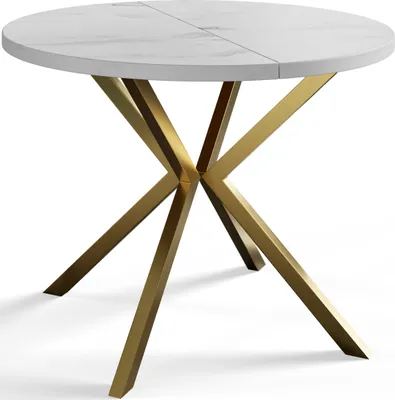 A round dining table with a marble-look top and gold metal legs, presented on a white background.