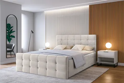 A bedroom scene with a bed, nightstand, mirror, and floor lamp.