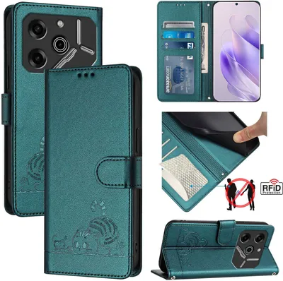 Produktbild von Leder Hülle für Tecno Pova 6 / Pova 6 Pro Süße Katze Flip Case Brieftasche Schutzhülle mit Standfunktion Grün