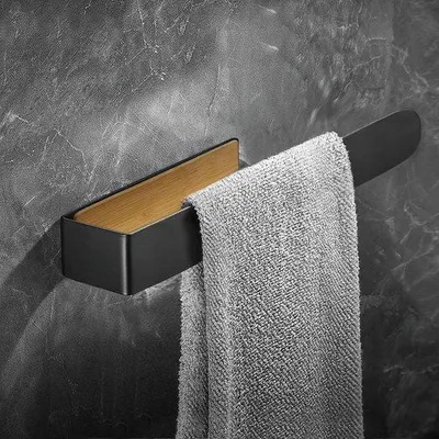 Zdjęcie produktu dla Uchwyt na ręczniki 40 cm - czarny bambus - montowany na ścianie - bez wiercenia - Luxento