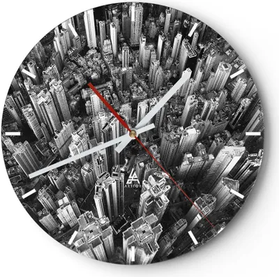 Produktbild von Wanduhr - Rund - Glasuhr - Wolkenkratzer mit Berge - 40x40cm - Schleichendes Uhrwerk - Lautlos - zum Aufhängen bereit - Dekoration Modern - Wanddekoration aus Glas - C3AR40x40-4453