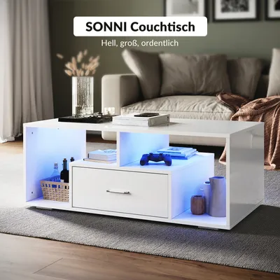 A modern white coffee table with LED lighting in a living room setting.
