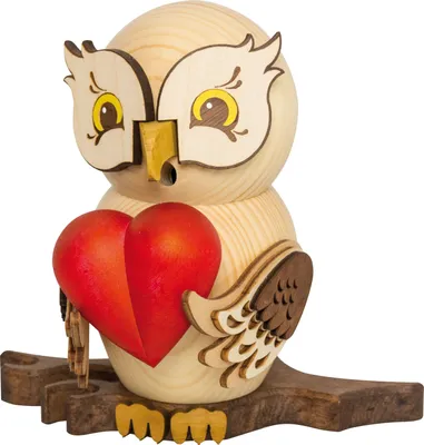 Produktbild von Drechslerei Kuhnert - Räucherfigur Eule mit Herz - Größe ca. 15cm, für Räucherkerzen Größe M (Standard) - 37228