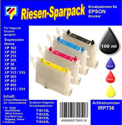 Produktbild von CISS / Easyrefill T18 + T18XL Multipack mit 4 Patronen und 250ml Dr.Inkjet Premium Nachfülltinte