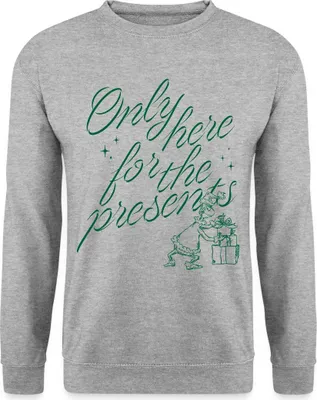 Produktbild von Spreadshirt Der Grinch Spruch Only Here For The Presents Uni Pullover, S, Weißgrau meliert