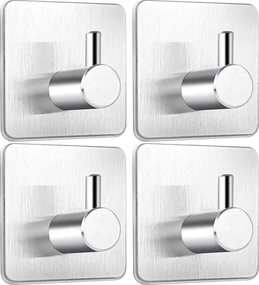 Four silver adhesive hooks are arranged in a 2x2 grid against a white background.
