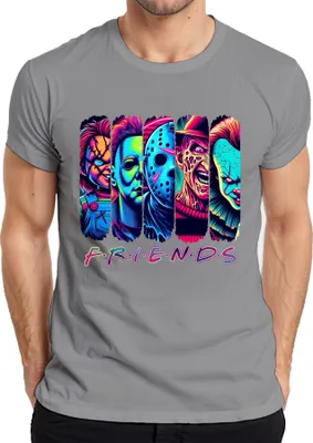 Zdjęcie produktu dla Horror Friends Neon Chucky Michael Myers Jason Freddy Pennywise Herren T-Shirt, Grau, 3XL