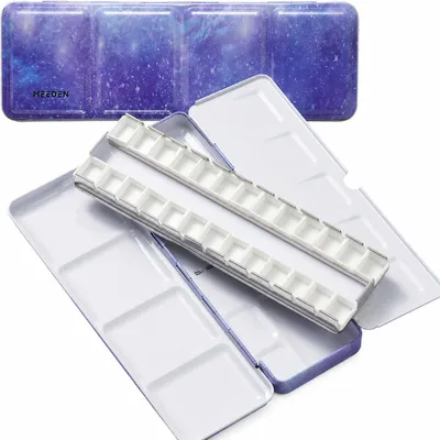 Produktbild von Aquarellkasten Metall leer mit Palette und Wasserpinsel 24 Mischfächer Emaille Malkasten für Aquarellfarben Gouache Nasspaletten mobil