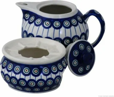 Produktbild von Original Bunzlauer Keramik 1 Liter Teekanne mit spitzen Ausguss Ø19,3 cm mit Stövchen Design 8