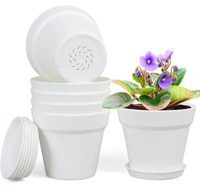 Produktbild von Blumentöpfe mit Untersetzer 6er Set 12.5cm Weiß Kunststoff mit Ablauflöchern