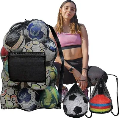 Zdjęcie produktu dla Duża torba na piłki, 76 x 100 cm, wytrzymała, na 10–15 piłek, z 2 kieszeniami z siatki