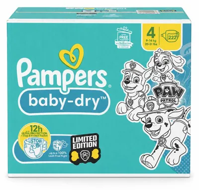 Produktbild von Pampers Baby-Dry Windeln Paw Patrol Edition Größe 4 9–14 kg 222 Stück