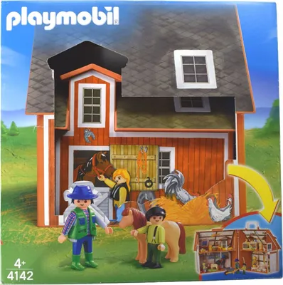 A Playmobil farm playset is shown on its packaging, with figures, animals, and the barn structure.