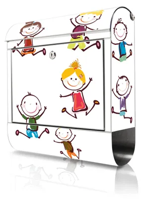 Produktbild von banjado Edelstahl Briefkasten mit Zeitungsfach mit Motiv Happy Kids großer Design Postkasten rostfrei, A4 Einwurf [BKGE2 10250]