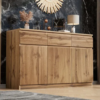 Produktbild von okwish Kommode Sideboard,Multifunktionale Anrichte in Holzoptik, 3 Türen & 3 Schubladen, geräumiger Küchen- und Dielenschrank, 135x40x81 cm, Holzfarbe