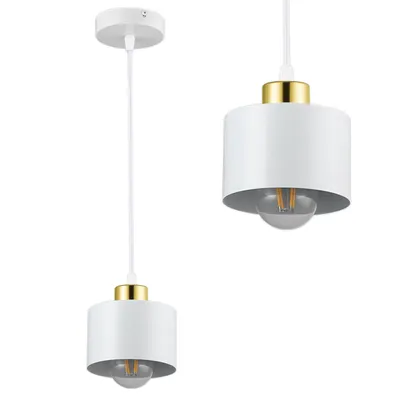 Two white and gold pendant lights are shown against a white background.