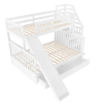 Produktbild von Flieks Etagenbett 90x200cm, Kinderbett mit Rutsche, Hochbett mit Treppe, Jugendbett mit Lattenrost und 2 Schubladen, Massivholzbett Stockbett, Weiß