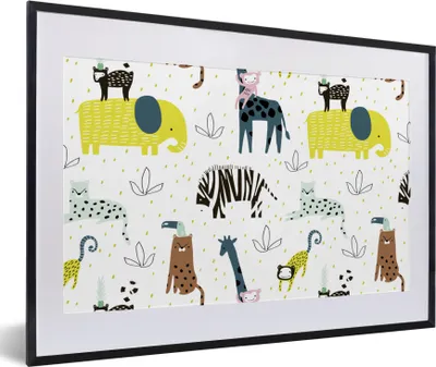 Produktbild von MuchoWow® MuchoWow® Gerahmtes Poster Tiere - Dschungel - Pastell - Kinder 60x40 cm - Poster mit zchwarzem Bilderrahmen - Schlafzimmer - Plakat in Rahmen - Drucken