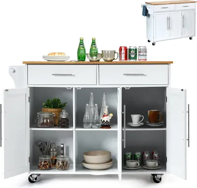 A white kitchen cart with a wooden top is shown, filled with various kitchen items and accessories.