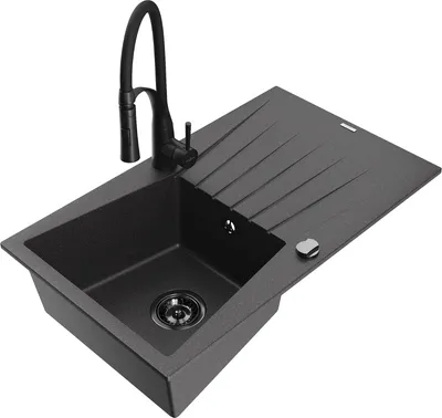 Produktbild von Mexen Cesar 1 Becken-Granitspüle mit Abtropffläche und Mischbatterie Aster, Schwarz gesprenkelt - 6514-76-73450-70-B