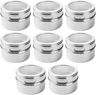 Produktbild von 8 magnetische Gewürzdosen aus Edelstahl mit doppeltem Sieb, Aufklebern zur Gewürzaufbewahrung und transparentem Deckel für Kühlschrank oder Mikrowelle