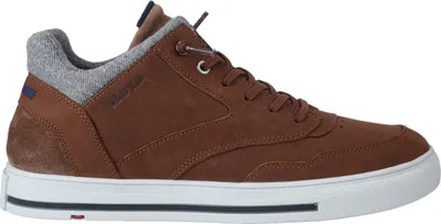 A single brown leather sneaker is shown against a white background.