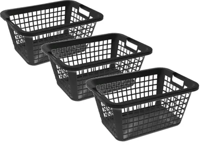 Produktbild von 3 Stück große Wäschekörbe 69 Liter Wäschkorb Griff Robust Plastik Kunststoff Set Grau Schwarz Orange Rot