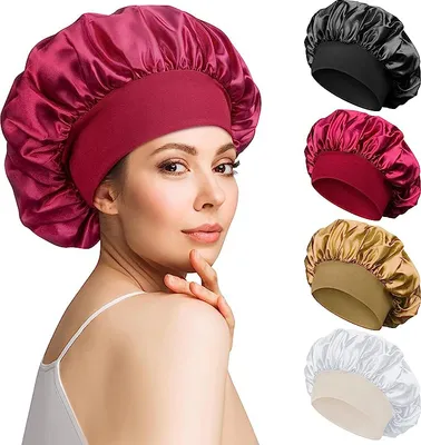 Produktbild von 4 Stück Satin Bonnet, Schlafhaube Seidenartig, Atmungsaktive Schlafmütze Damen, Verstellbare Gummiband Weiche Nachtmütze